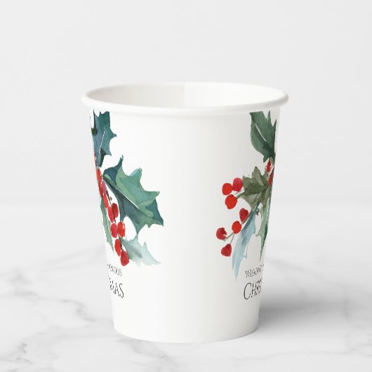 Feestelijke Holly en Berries Evergreens Kerstmis Papieren Bekers (Links)