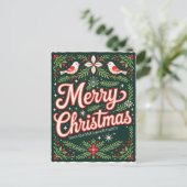 Feestelijke Holly en Rode Vogels Vrolijk Kerstfees Feestdagenkaart (Staand voorkant)