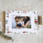 Feestelijke Holly Patroon Vrolijk Kerstfeest Foto Feestdagenkaart<br><div class="desc">vrolijk kerstfeest! Stuur uw hartelijke groeten aan familie en vrienden met dit aanpasbare kerst briefkaart. Het heeft een waterverf holly patroon op een donkergroene achtergrond. Personaliseer door uw gegevens toe te voegen. Deze botanische foto kerstkaart is verkrijgbaar in andere kleuren en karton.</div>
