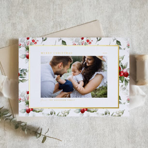 Feestelijke Holly Patroon Vrolijk Kerstfeest Foto Folie Feestdagen Briefkaart