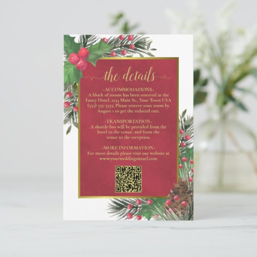 Feestelijke Holly & Pine bruiloft details QR-code Informatiekaartje (Staand voorkant)