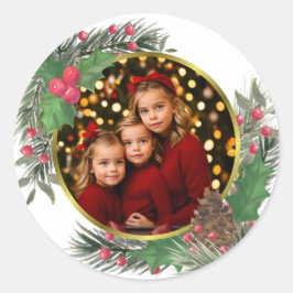 Feestelijke Holly & Pine Kerstmis of Vakantie Foto Ronde Sticker