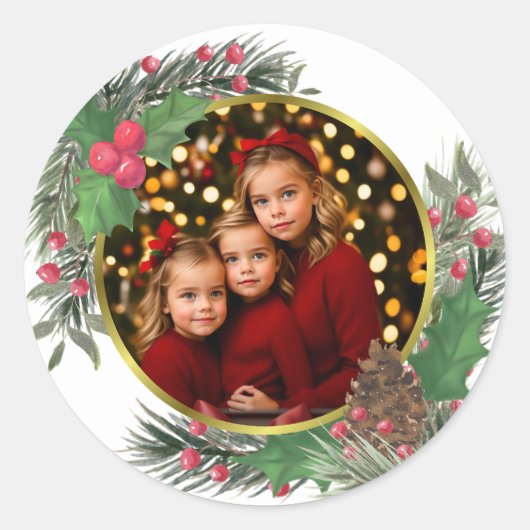 Feestelijke Holly & Pine Kerstmis of Vakantie Foto Ronde Sticker (Voorkant)