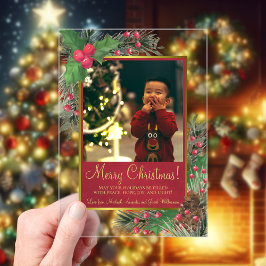 Feestelijke Holly & Pine Merry Christmas-fotokaart Acryl Uitnodigingen