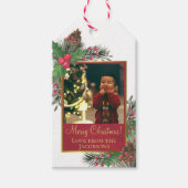 Feestelijke Holly & Pine Vrolijke Kerstvakantie Cadeaulabel (Voorkant)