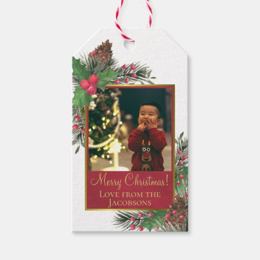 Feestelijke Holly & Pine Vrolijke Kerstvakantie Cadeaulabel (Voorkant)