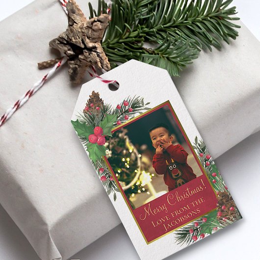 Feestelijke Holly & Pine Vrolijke Kerstvakantie Cadeaulabel