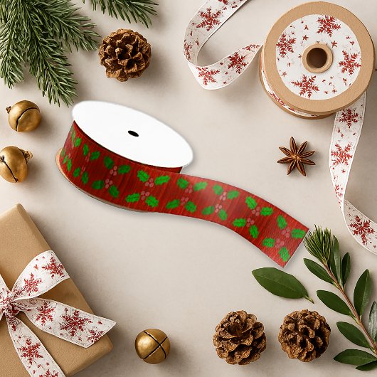 Feestelijke Holly Red – Kerstpatroon Grosgrain Lint