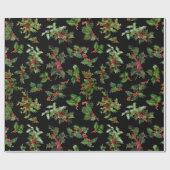 Feestelijke Holly zwarte achtergrond Cadeaupapier (Vlak)