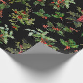 Feestelijke Holly zwarte achtergrond Cadeaupapier (Hoek)