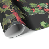 Feestelijke Holly zwarte achtergrond Cadeaupapier (Rol Hoek)