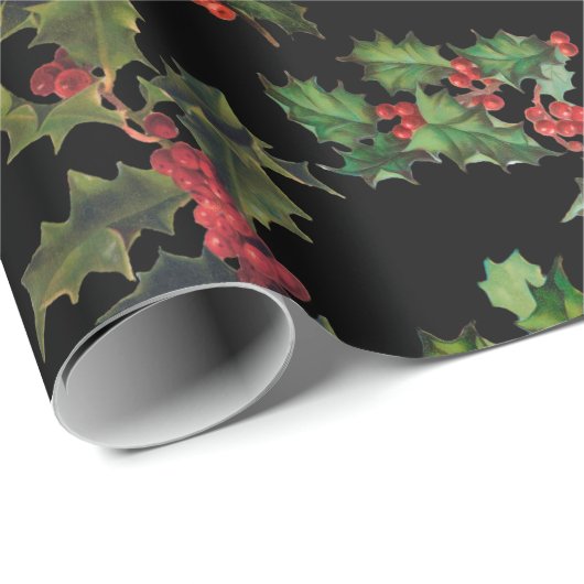 Feestelijke  Holly zwarte achtergrond Cadeaupapier (Rol Hoek)