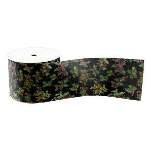 Feestelijke  Holly   Zwarte achtergrond Grosgrain Lint