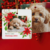 Feestelijke Hond Foto Kerst Rode Poinsettia Bloeme Keramisch Ornament