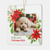 Feestelijke Hond Foto Kerst Rode Poinsettia Bloeme Keramisch Ornament (Links)
