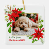 Feestelijke Hond Foto Kerst Rode Poinsettia Bloeme Keramisch Ornament (Voorkant)