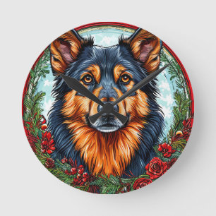 Feestelijke hond in een kerst bloemenkrans ronde klok