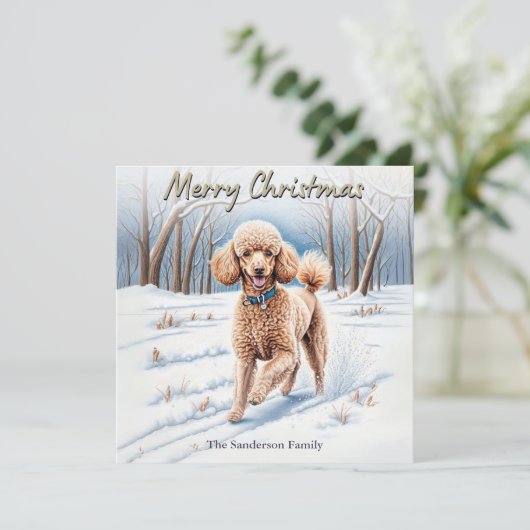 Feestelijke Hond In Sneeuw Waterverf Poedel Kerst Feestdagenkaart (Staand voorkant)