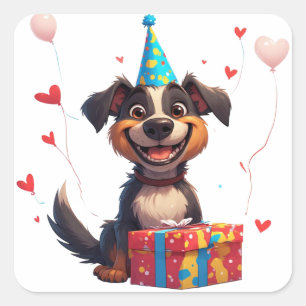🐕 Feestelijke Hond Met Verjaardagshoed En Cadeau Vierkante Sticker