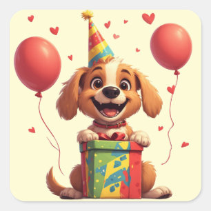 🐕 Feestelijke Hond Met Verjaardagshoed En Cadeau Vierkante Sticker