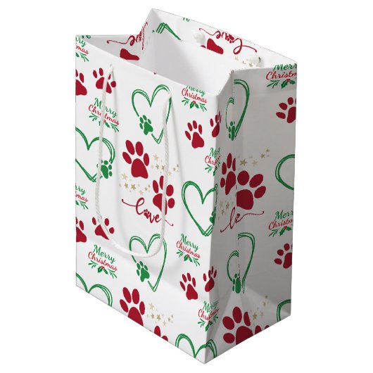 Feestelijke HOND PAW PRINTS en LIEFDE HARTEN Kerst Medium Cadeauzakje (Voorkant Gekanteld)