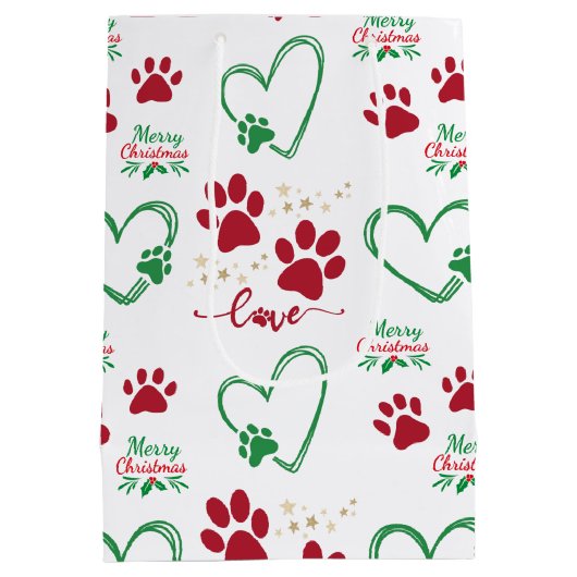Feestelijke HOND PAW PRINTS en LIEFDE HARTEN Kerst Medium Cadeauzakje (Achterkant)