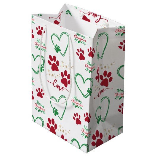 Feestelijke HOND PAW PRINTS en LIEFDE HARTEN Kerst Medium Cadeauzakje (Achterkant Gekanteld)