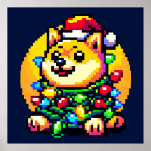 Feestelijke Hond - Schattigee Pixel Art Kerstverli Poster