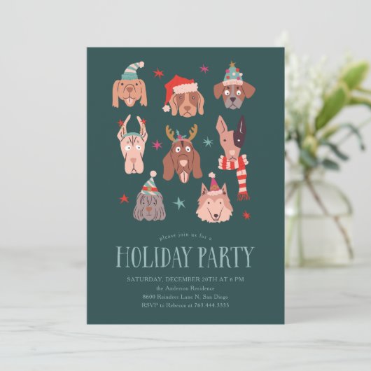 Feestelijke Honden Kerstfeest Uitnodiging (Staand voorkant)
