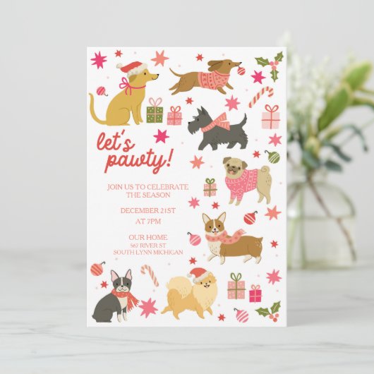 Feestelijke honden roze kerstfeest uitnodiging (Staand voorkant)