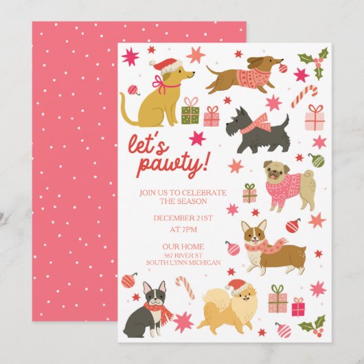 Feestelijke honden roze kerstfeest uitnodiging (Voorkant / Achterkant)
