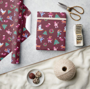 Feestelijke Honden Schaatspatroon Donkerrood Cadeaupapier