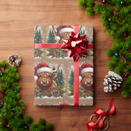 Feestelijke Hooglandkalf met Kerstmanhoed Cadeaupapier