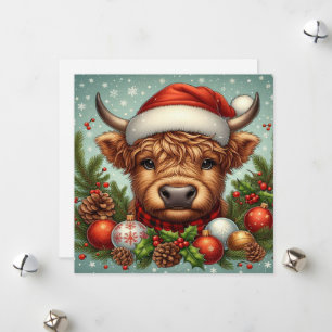 Feestelijke Hooglandkalf met Kerstmanhoed  Feestdagenkaart