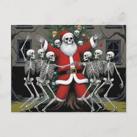 Feestelijke Horror Santa en de dansende Skeletten Briefkaart (Voorkant)