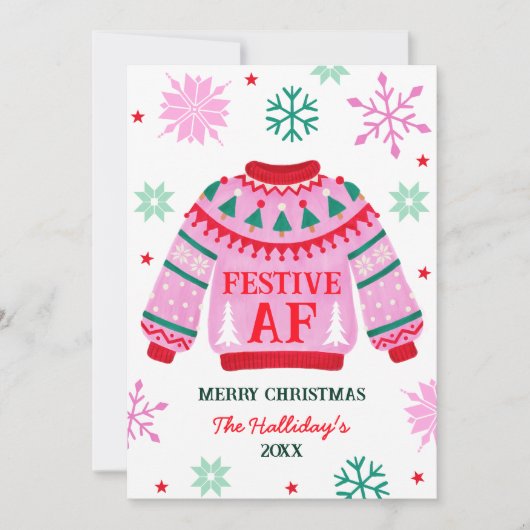 Feestelijke Horrorsweater & Sneeuwvlokken Koppel Feestdagenkaart (Voorkant)