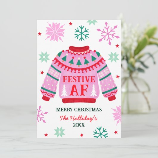 Feestelijke Horrorsweater & Sneeuwvlokken Koppel Feestdagenkaart (Staand voorkant)