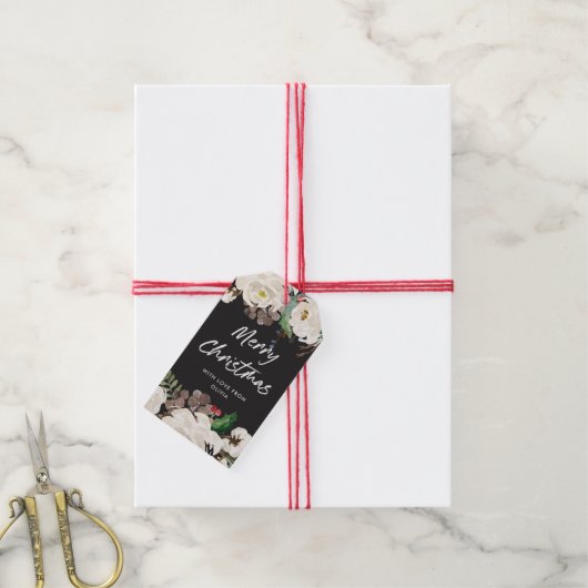 Feestelijke houtskool Bloemen | Vrolijk kerstfeest Cadeaulabel (Met Touw)