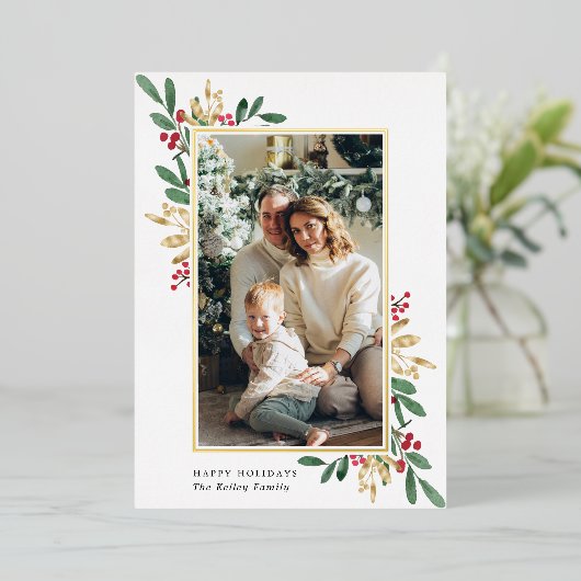 Feestelijke Hulst en Bessen Verticale Foto Folie Feestdagenkaart (Staand Voorkant)
