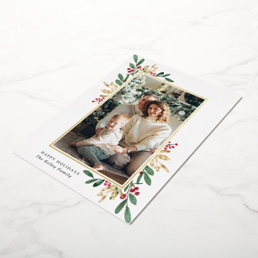 Feestelijke Hulst en Bessen Verticale Foto Folie Feestdagenkaart (Gedraaid)