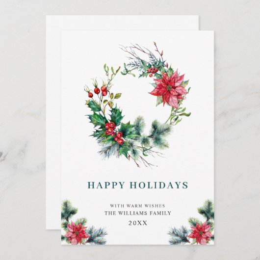 Feestelijke hulst poinsettia krans Kerstgroet Feestdagenkaart (Voorkant / Achterkant)