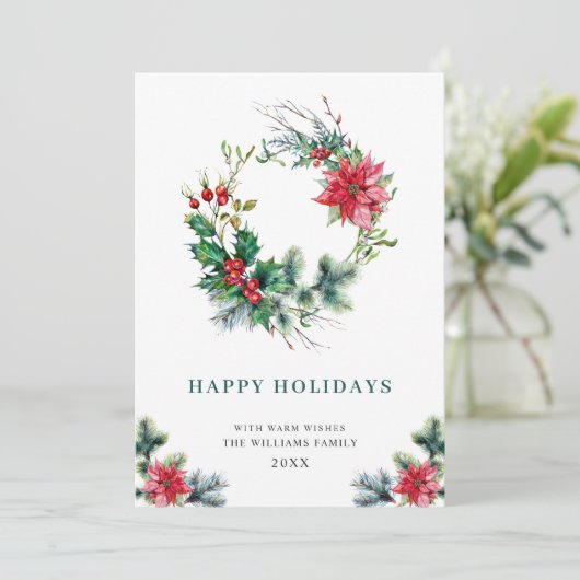 Feestelijke hulst poinsettia krans Kerstgroet Feestdagenkaart (Staand voorkant)