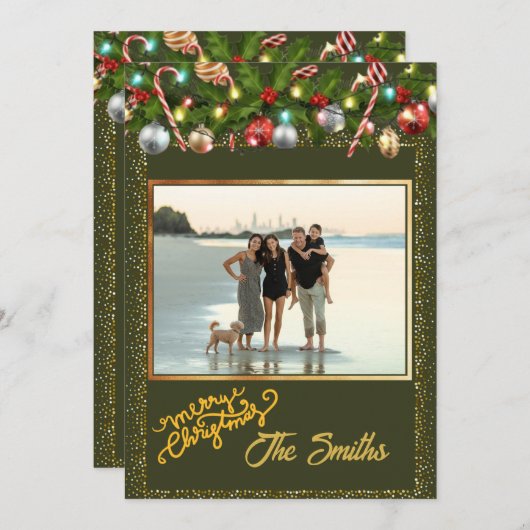 Feestelijke hulstkrans | Gouden glitter foto Feestdagenkaart (Voorkant / Achterkant)