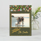 Feestelijke hulstkrans | Gouden glitter foto Feestdagenkaart (Staand voorkant)