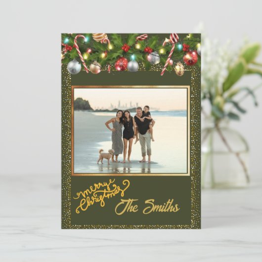 Feestelijke hulstkrans | Gouden glitter foto Feestdagenkaart (Staand voorkant)