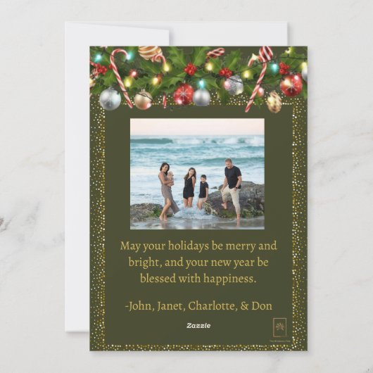 Feestelijke hulstkrans | Gouden glitter foto Feestdagenkaart (Achterkant)