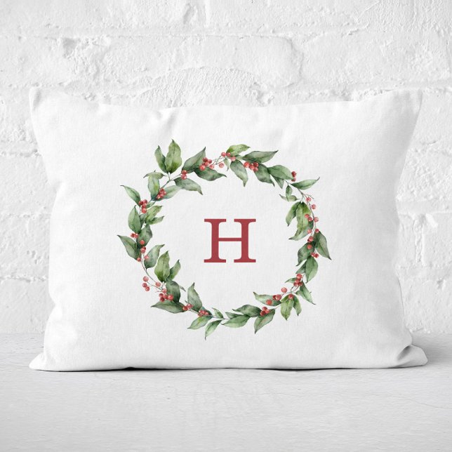 Feestelijke hulstkrans Kerstmis  Accent Kussen (Holly Wreath Monogram pillow)