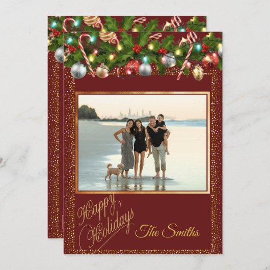 Feestelijke hulstkrans | Rood & Goud Glitter Foto Feestdagenkaart (Voorkant / Achterkant)