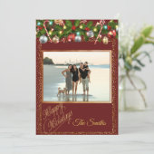 Feestelijke hulstkrans | Rood & Goud Glitter Foto Feestdagenkaart (Staand voorkant)