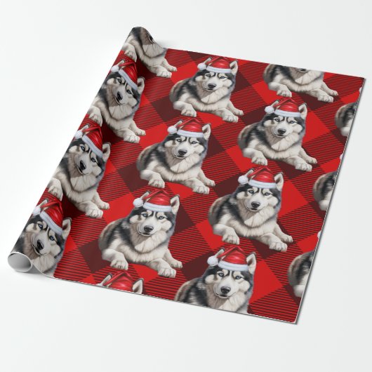 Feestelijke Husky Dog en Red Buffalo speelden Kers Cadeaupapier (Uitgerold)
